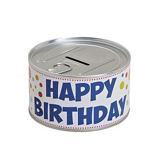 Tirelire boîte de conserve «Happy Birthday»