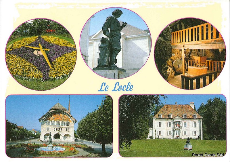 Postcards 20525 Le Locle, Montre fleurie, Moulins, Hôtel de Ville, Château des Monts