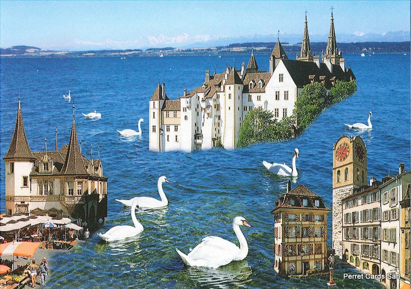Postcards 20548 Neuchâtel, Illusion nautique, Château, Place des Halles, Tour de Diesse